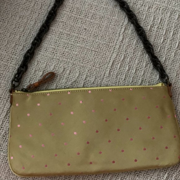 Vintage J. Crew Green with Pink Polka Dot Silk Clutch with Chain - Picture 2 of 10